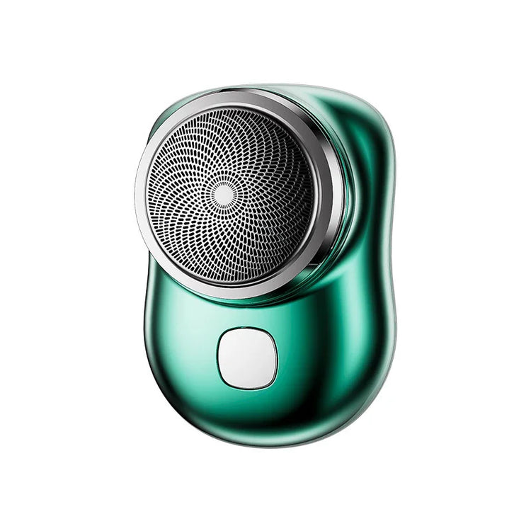 Metallic green portable electric shaver with ergonomic design and mesh blade head