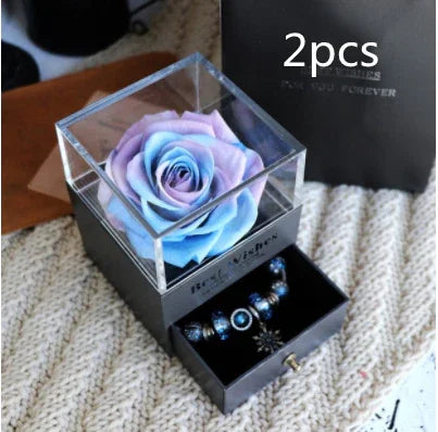 Pastel blue and purple preserved rose in acrylic display box with jewelry drawer, stylish gift set
