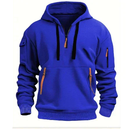 Bright blue pullover hoodie with zip pockets, black drawstrings, and ribbed cuffs, relaxed fit