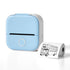 Compact blue and white portable mini printer with roll printing double-decker bus illustration