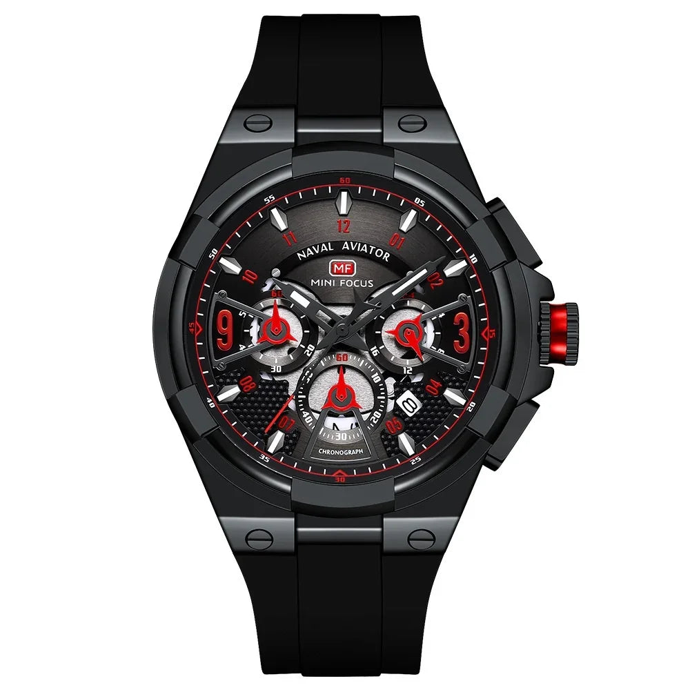 Black and red chronograph watch with metal band, sporty dial, and bold futuristic style
