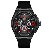Black and red chronograph watch with metal band, sporty dial, and bold futuristic style