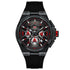 Black and red chronograph watch with metal band, sporty dial, and bold futuristic style