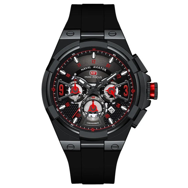 Black and red chronograph watch with metal band, sporty dial, and bold futuristic style
