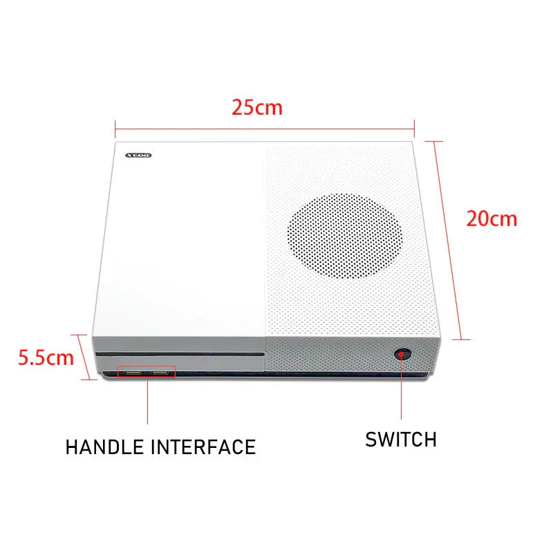 White rectangular electronic device with circular vent, labeled ports, measuring 25cm x 20cm x 5.5cm