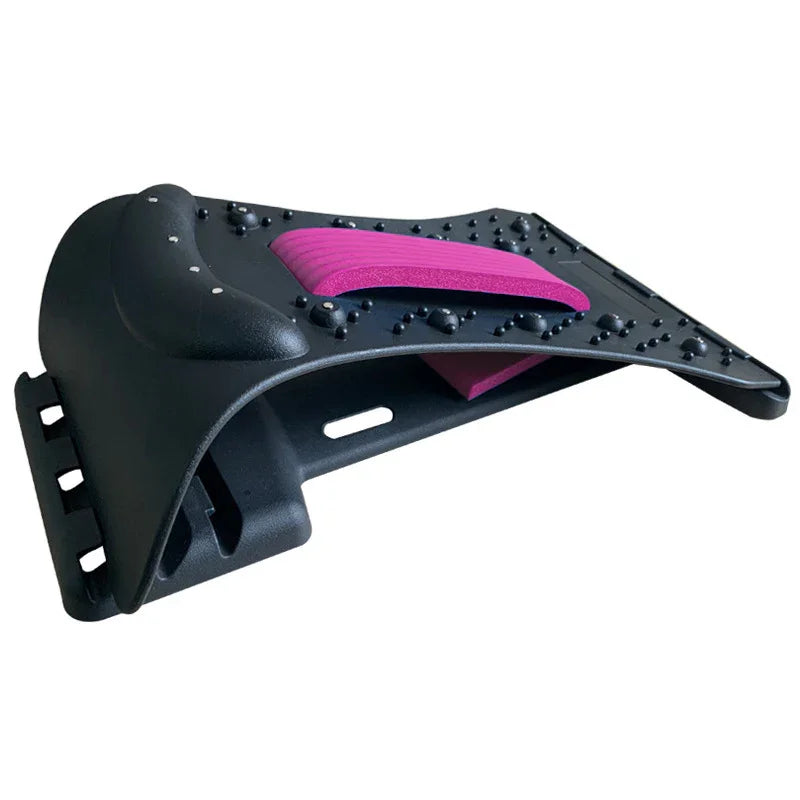 Black adjustable back stretcher with purple foam lumbar support and acupressure points