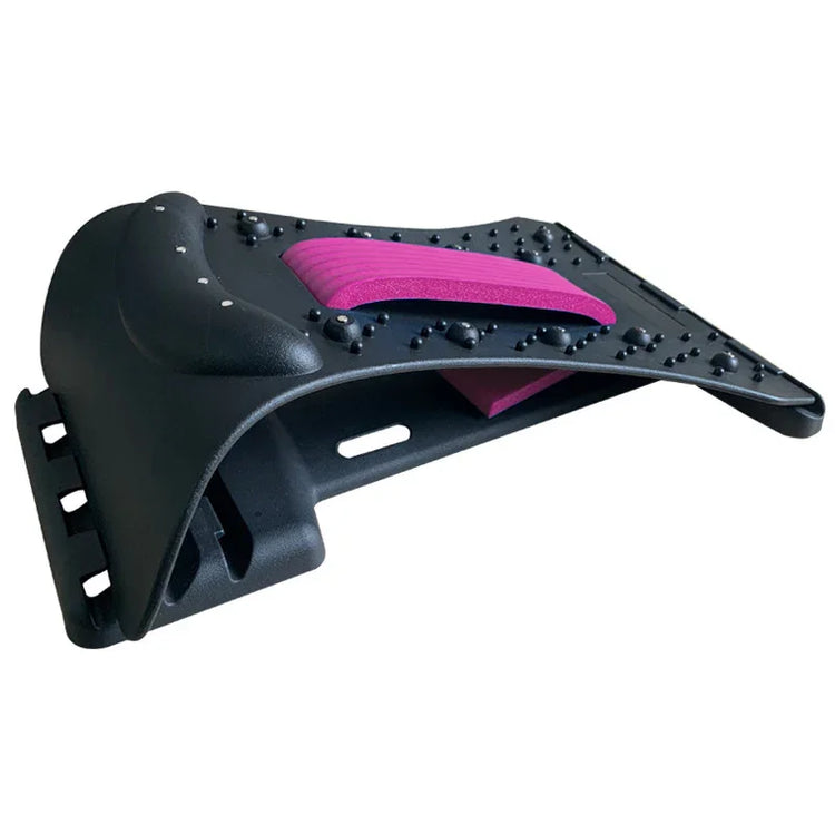 Black adjustable back stretcher with purple foam lumbar support and acupressure points