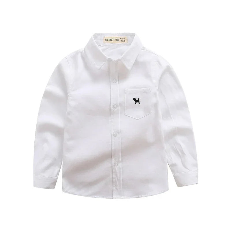 White long sleeve button-up cotton shirt with front pocket and black dog embroidery, regular fit