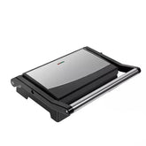 Stainless steel electric grill with black frame and silver handle, modern compact design