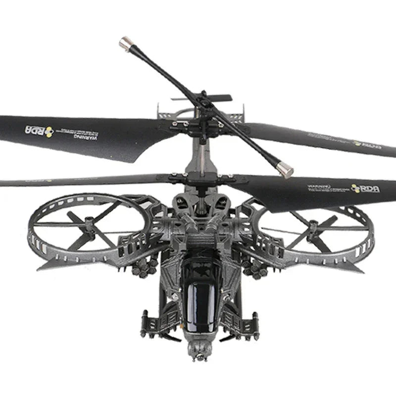 Futuristic grey plastic toy helicopter drone with dual rotors and sleek, tech-inspired design