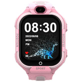 Pink sporty kids smart watch with silicone strap, digital display, and cartoon dinosaur design.
