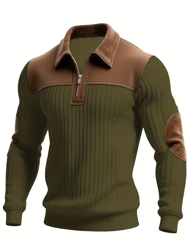 Olive green ribbed pullover with brown suede collar, shoulder, and elbow patches, slim fit