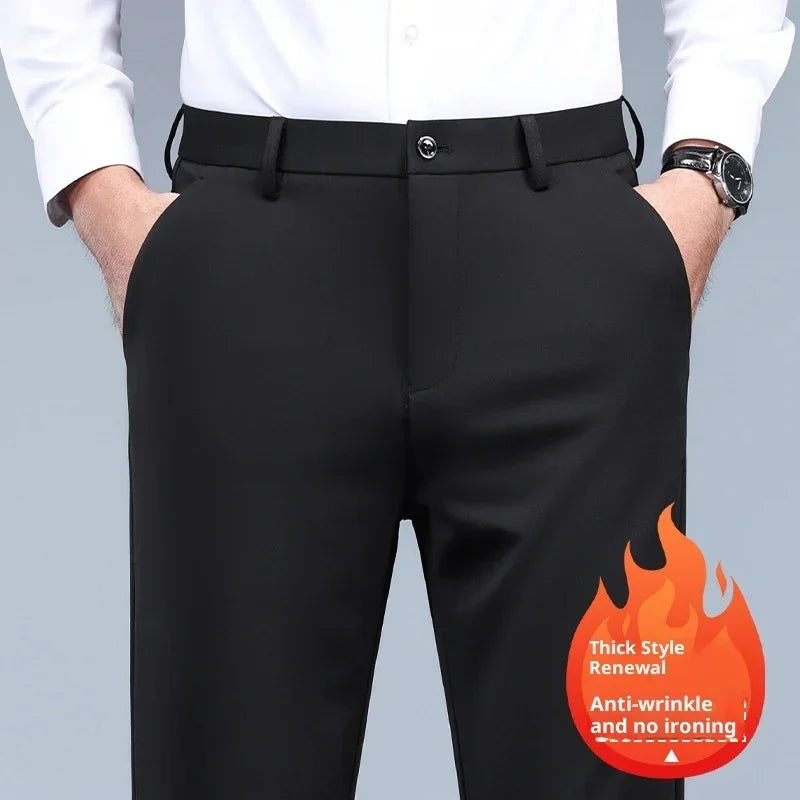 Men's black dress pants, thick anti-wrinkle material, slim fit, paired with white shirt