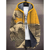 Yellow and beige wave print hoodie, fleece lined, loose fit streetwear jacket