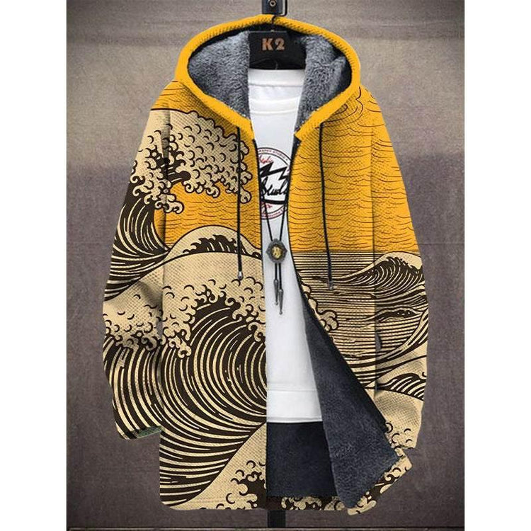 Yellow and beige wave print hoodie, fleece lined, loose fit streetwear jacket
