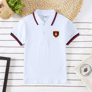 White short sleeve polo shirt with striped collar, embroidered crest, cotton slim fit