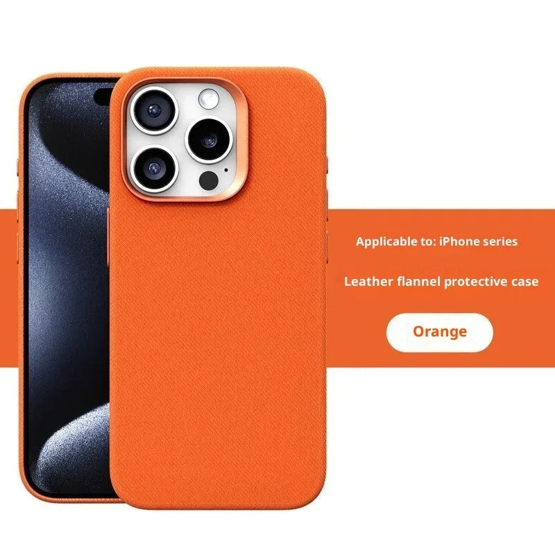 Orange leather flannel iPhone case, slim fit, protective phone cover