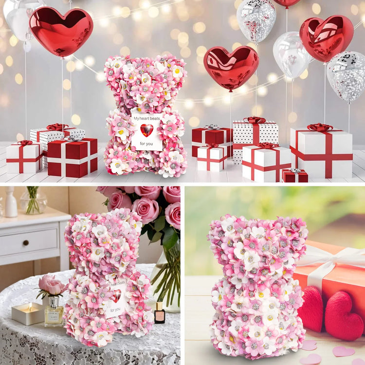 Pink and white flower teddy bear arrangement with romantic gifts and heart balloons