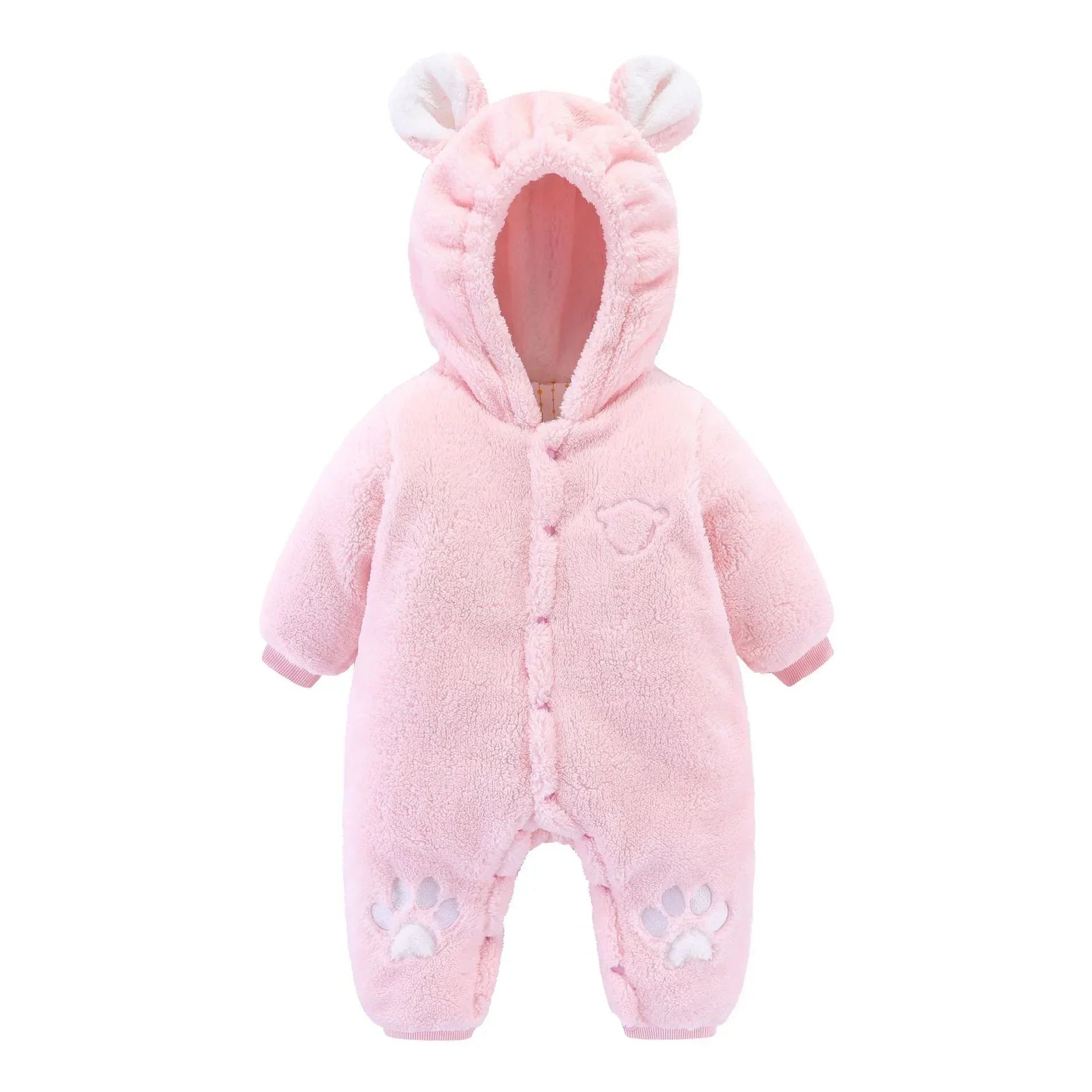 Pink fleece baby romper with hood, bear ears, paw print details, and relaxed fit