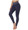 Dark blue textured high-waist leggings with snug fit, stretchy material, ideal for active wear or streetwear style