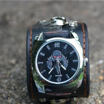 Black leather wide-strap wristwatch with silver detailing and bold graphic dial design