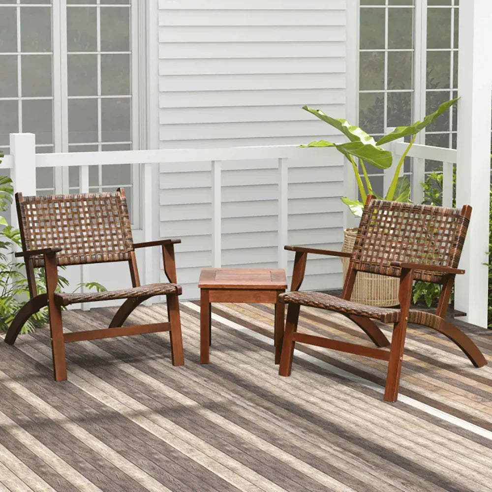 Outdoor patio set with two brown wooden woven lounge chairs and a matching side table