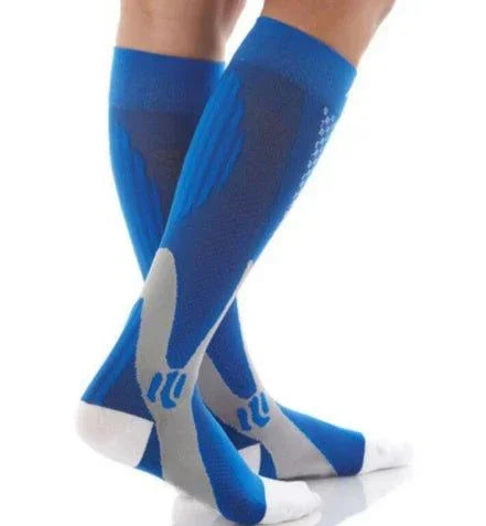 Blue and gray knee-high compression socks with athletic fit and white accents