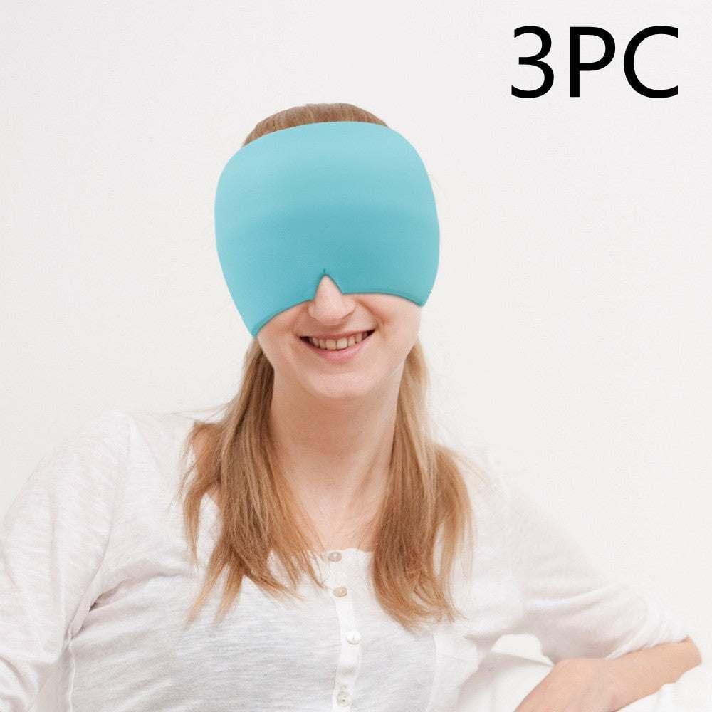 Woman wearing a light blue, stretchy sleep mask with full face coverage, relaxed fit