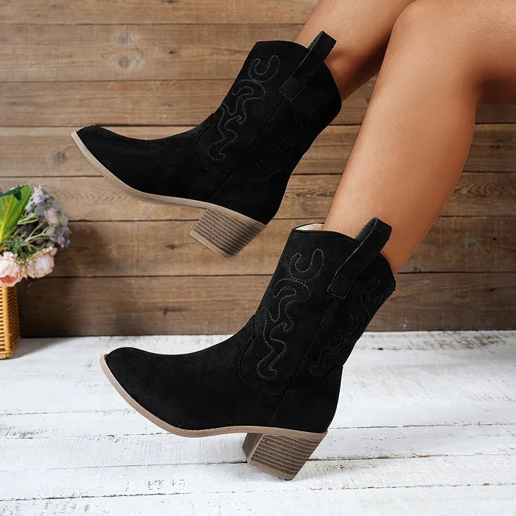 Black suede mid-calf western boots with block heel and embroidered design, casual fit