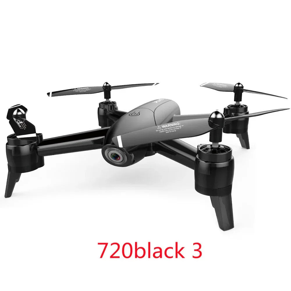 Black quadcopter drone with camera, matte finish, four rotors, compact size, futuristic design