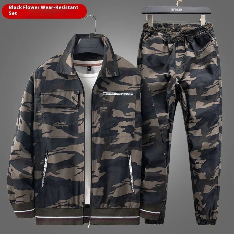 Men's black camo jacket and joggers set, lightweight material, relaxed streetwear fit.
