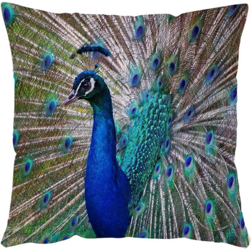 Square throw pillow with vibrant blue peacock print and detailed feather design
