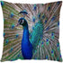 Square throw pillow with vibrant blue peacock print and detailed feather design