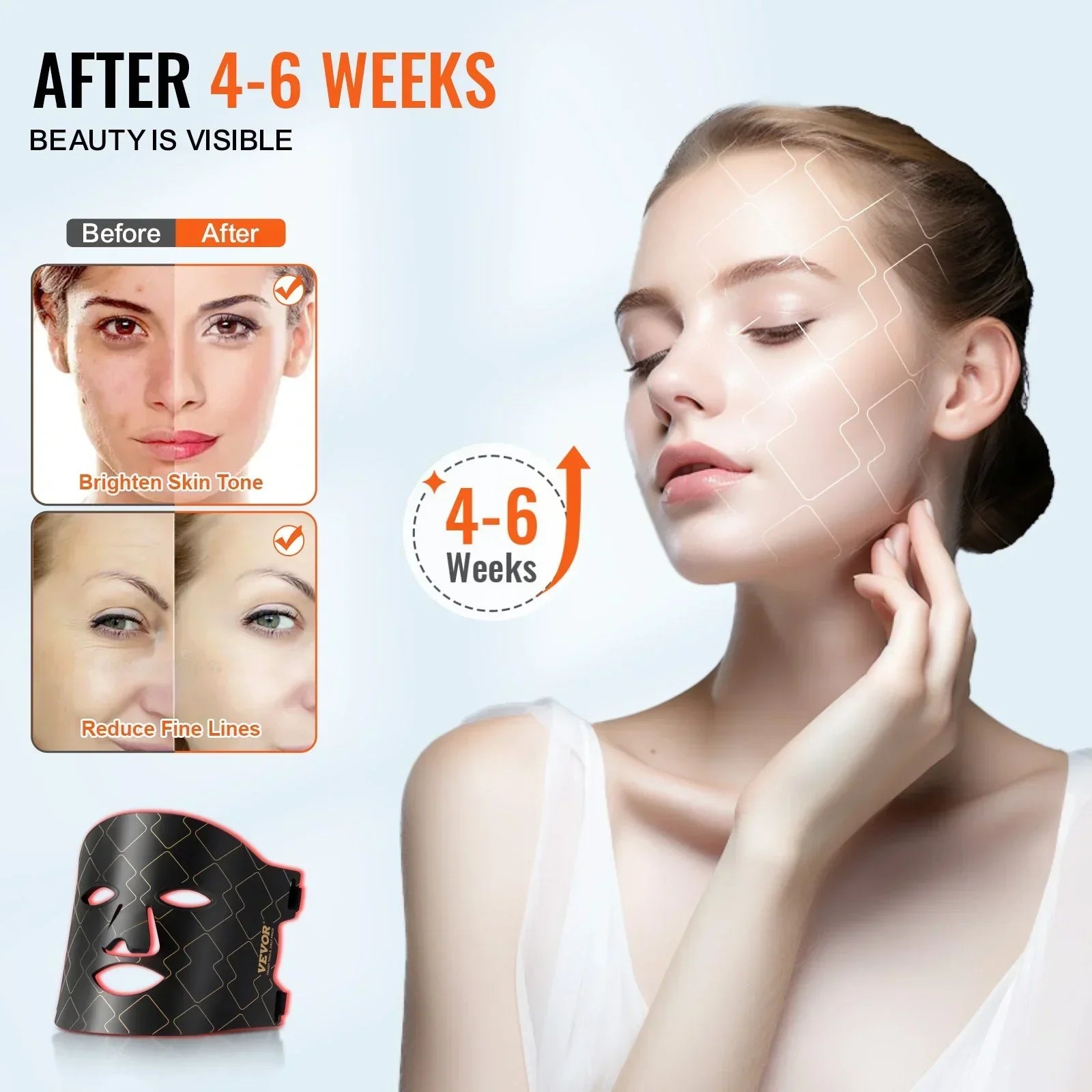 Futuristic black LED facial mask with geometric pattern, worn by woman with glowing skin, promoting bright, smooth complexion and reducing fine lines.