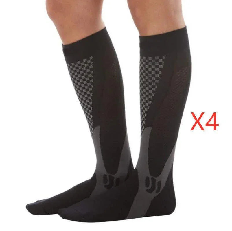 Black knee-high compression socks with checkered and mesh patterns, athletic fit, set of 4