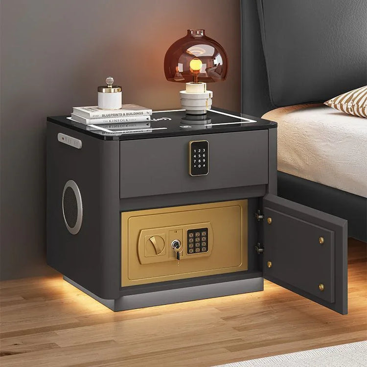 Modern black nightstand with electronic lock drawer, gold safe, and ambient lighting