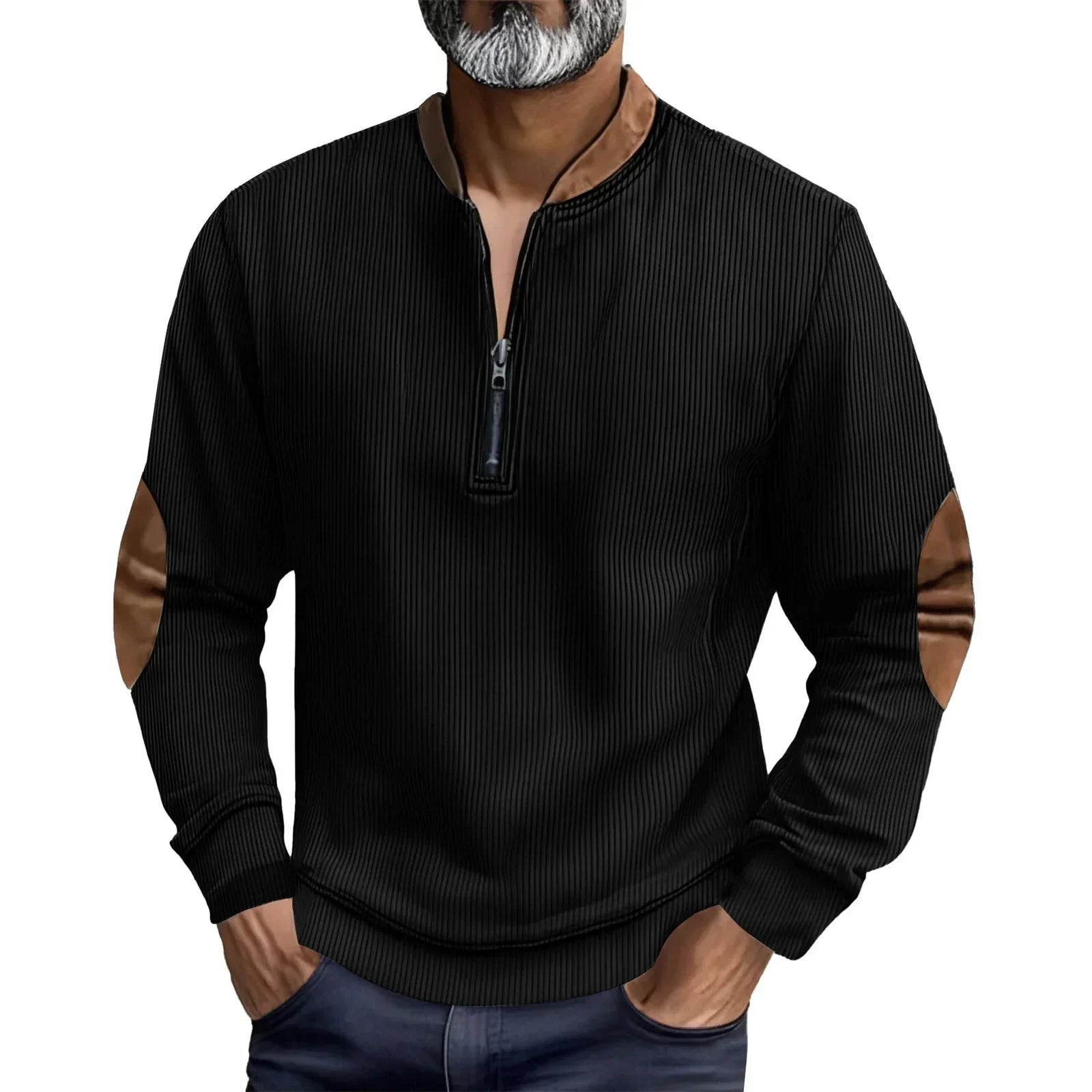 Men's black ribbed pullover with brown faux leather collar and elbow patches, slim fit.