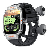 Silver and black digital smart watch with sport band and attached wireless earbuds