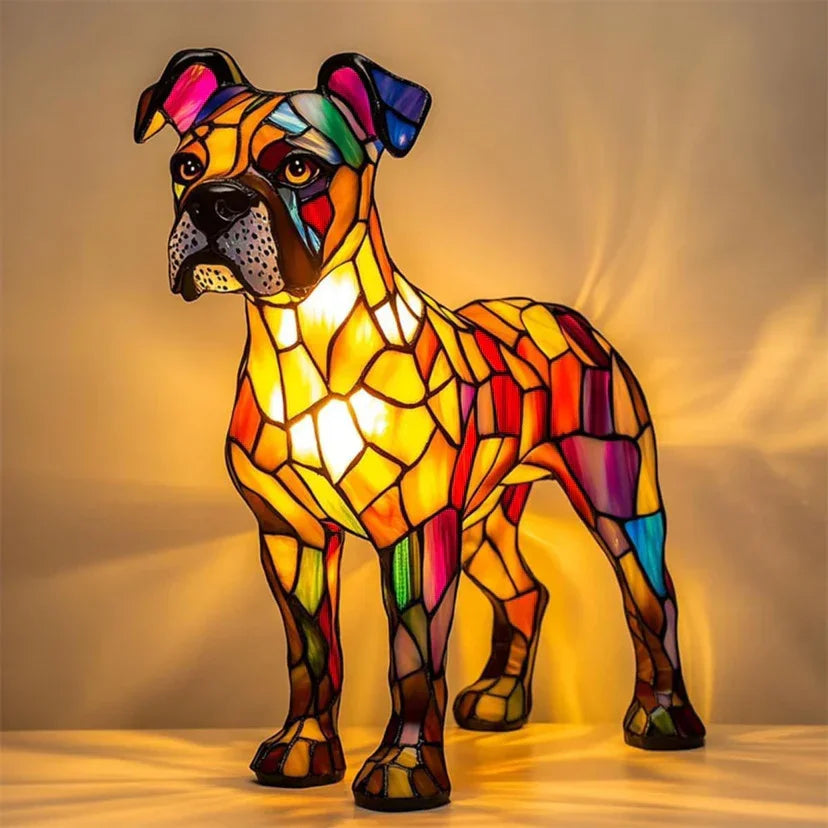 Colorful stained glass dog lamp with mosaic pattern and warm lighting