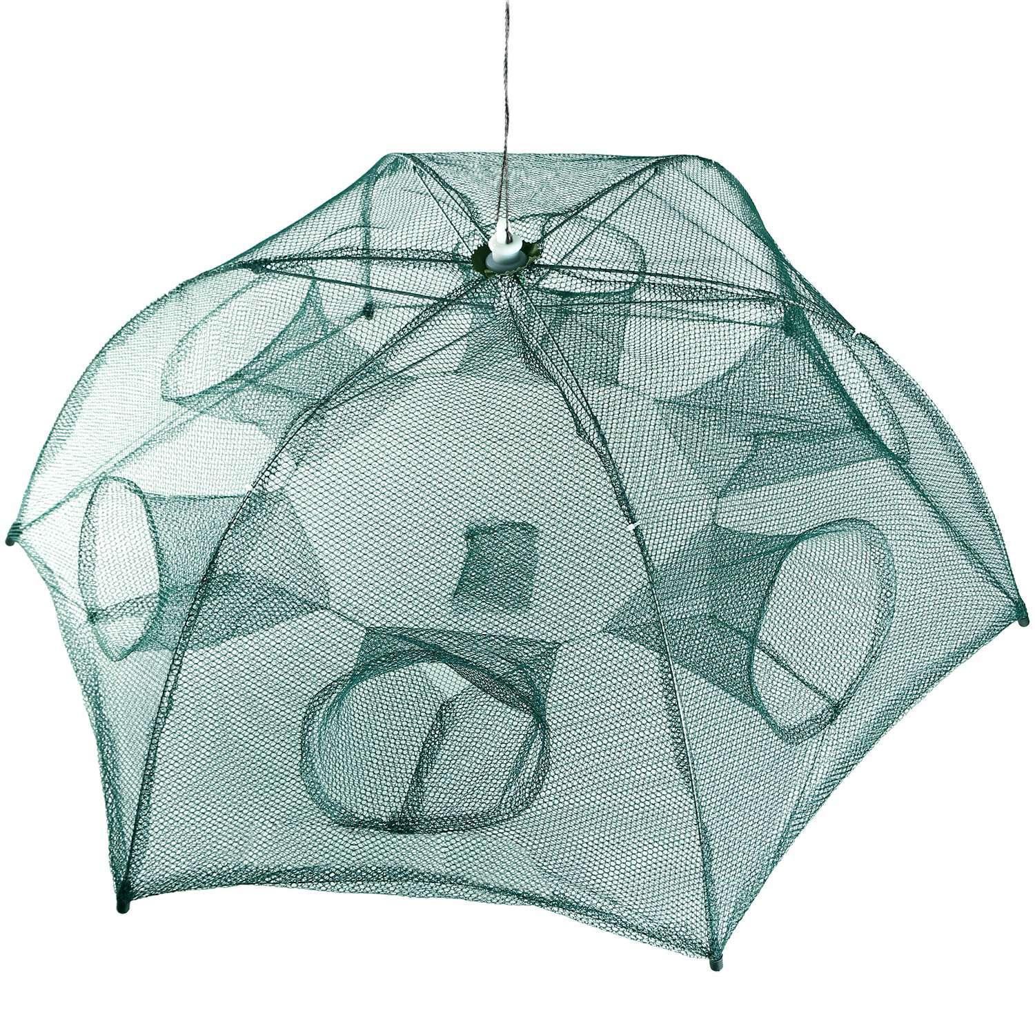 Green mesh pop-up fish or crab trap with multiple funnel openings and durable netting material