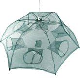 Green mesh pop-up fish or crab trap with multiple funnel openings and durable netting material
