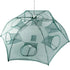 Green mesh pop-up fish or crab trap with multiple funnel openings and durable netting material