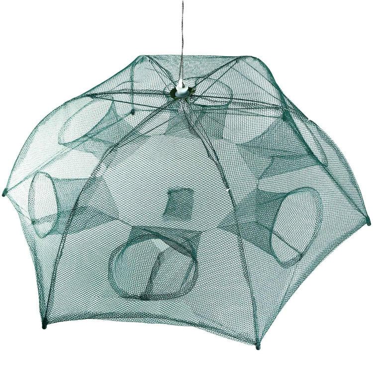 Green mesh pop-up fish or crab trap with multiple funnel openings and durable netting material