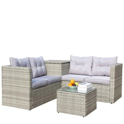 Modern outdoor rattan sectional sofa set with light grey cushions and matching coffee table