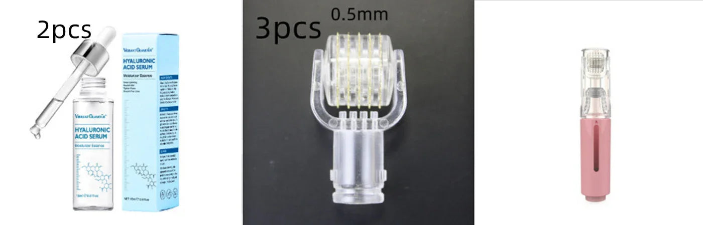 Clear hyaluronic acid serum bottles, microneedle roller heads, and pink microneedling tool