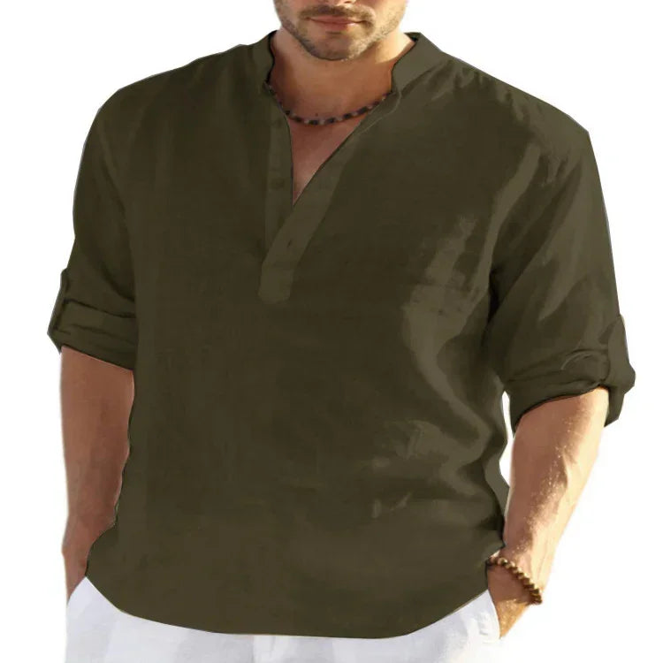 Men's olive green long sleeve linen shirt with relaxed fit and rolled cuffs