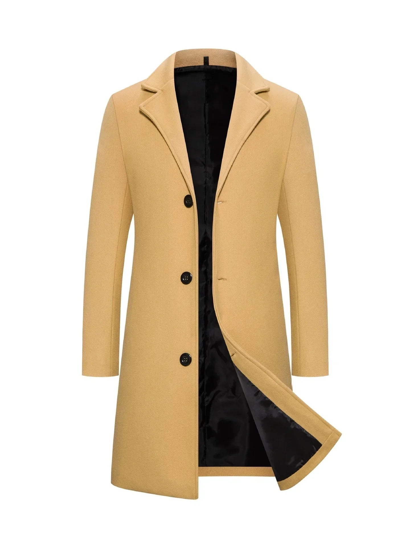 Camel long wool blend overcoat with black lining, tailored fit, notch collar, and button closure