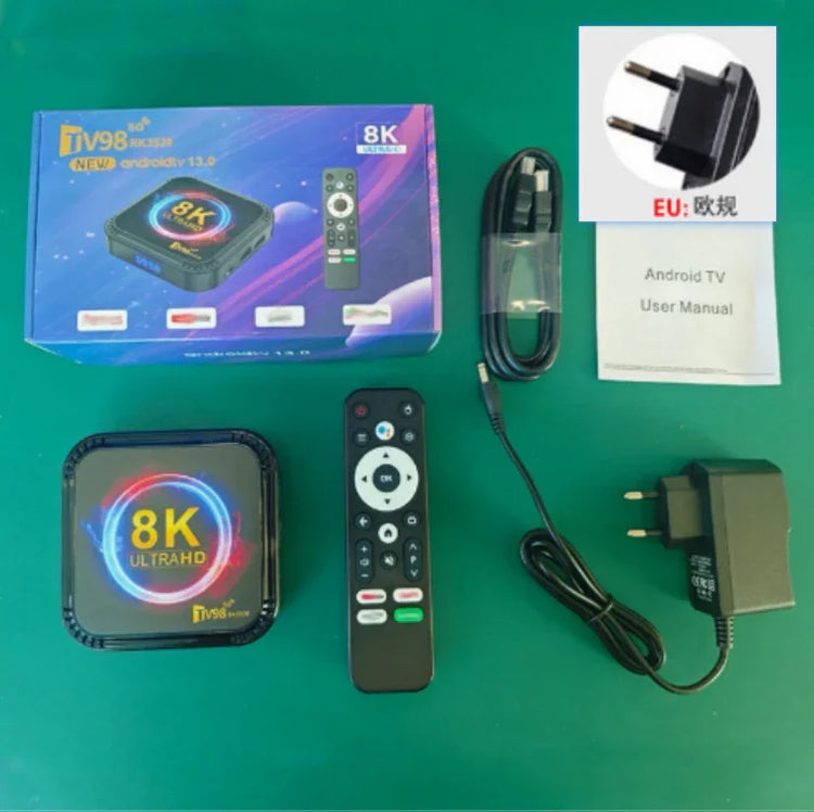 8K Ultra HD Android TV box kit with remote, HDMI cable, manual, and European power adapter on green surface