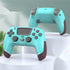 Aqua blue wireless gaming controllers with dark grips, modern ergonomic design, showcased on pedestals.