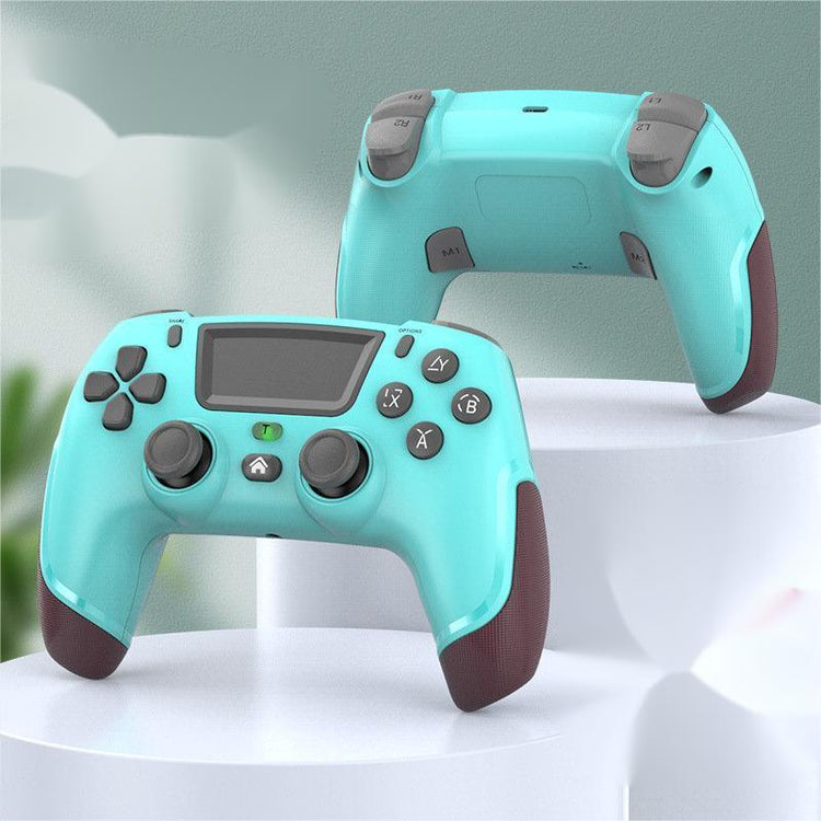Aqua blue wireless gaming controllers with dark grips, modern ergonomic design, showcased on pedestals.
